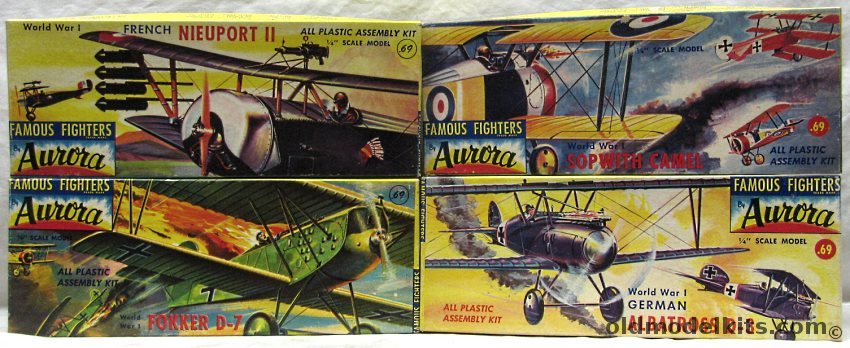 Aurora 1/48 101-69 French Nieuport II / 102-69 Sopwith Camel / 104-69 Albatross D-3 (D-III) / 106-69 Fokker D-7 (D-VII) First Issues plastic model kit